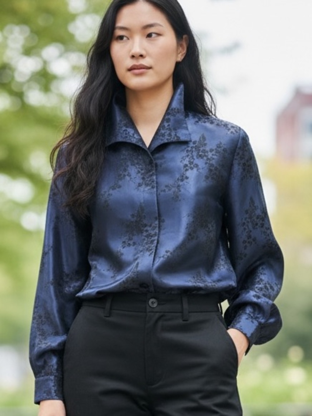 90s LIZ BAKER SATIN BROCADE BLUE ASIAN INSPIRED SHIRT JACKET SHACKET SZ 14